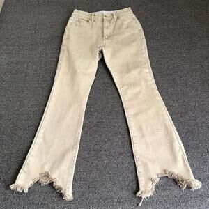 Special A Flare Jeans Womens 5/27 Khaki Denim Mid Rise Pockets Frayed Hem Boho